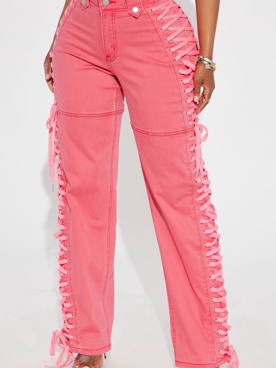 Fashion Nova Denim - Fashion Nova Coral Pink Lace-Up Wide Leg Jeans
